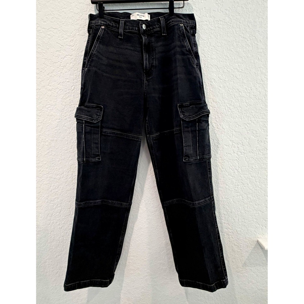 Hollister Men's Baggy Wide-Leg Black Cargo Jeans Dark Wash Mid Rise 30W 30L